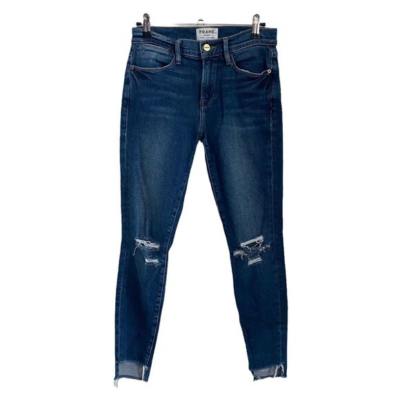 FRAME Denim 24 Jeans Le High Skinny Step Raw Hem Distressed Blue - Picture 1 of 9